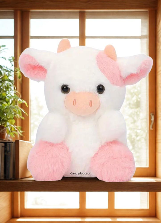 🐮💗 Peluche Vache Blanche & Rose 20cm